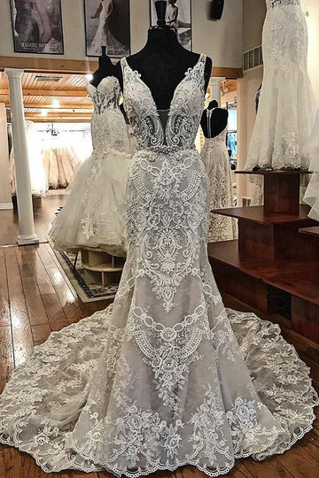 Sexy Sheath V Neck Lace Applique Straps Lace Wedding Dress BWD049
