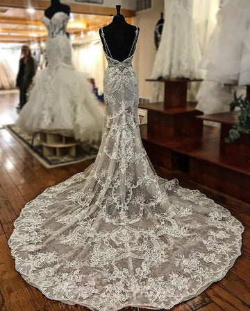 Sexy Sheath V Neck Lace Applique Straps Lace Wedding Dress BWD049