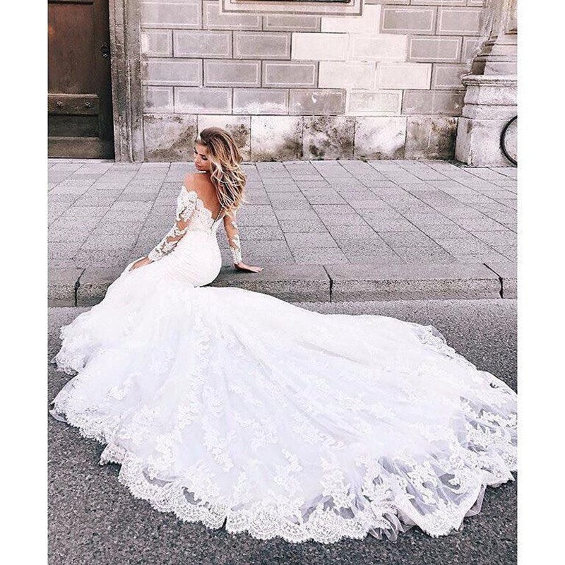 Plunging Neck Long Sleeve Lace Mermaid Wedding Dress BWD005