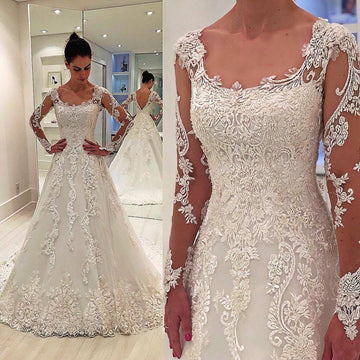 A Line Lace Appliques Long Sleeve Wedding Dress Liverpool BWD051
