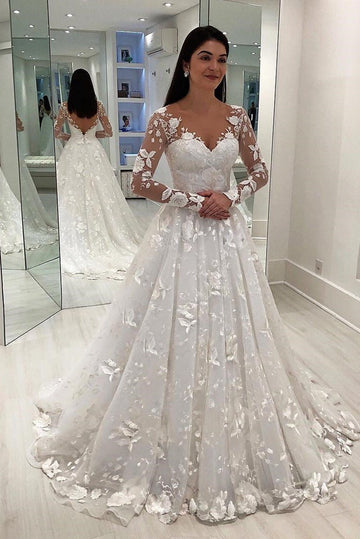 V Neck A Line Lace Long Sleeves Wedding Dress BWD052