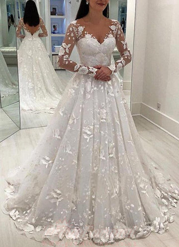 V Neck A Line Lace Long Sleeves Wedding Dress BWD052