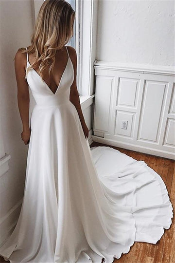 A Line Simple White V Neck Long Boho Gown Summer Wedding Dress BWD055