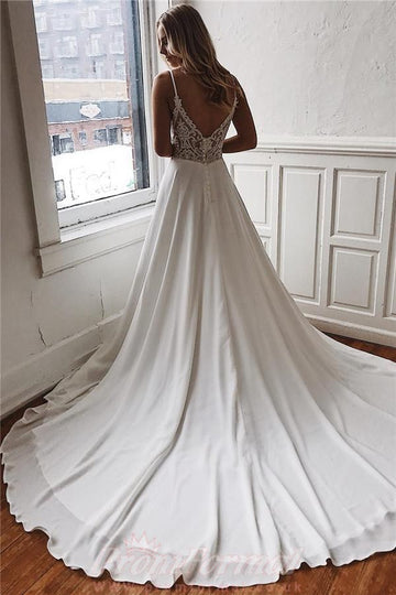 A Line Simple White V Neck Long Boho Gown Summer Wedding Dress BWD055