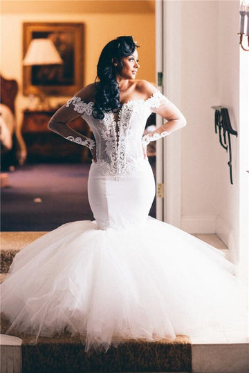 Ivory Plus Size Lace Plunge Off-shoulder Trumpet Long Sleeve Wedding Dress BWD057