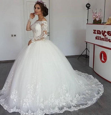 Ball Gown Off Shoulder Long Sleeve Lace Puffy Arabic Wedding Dress BWD058