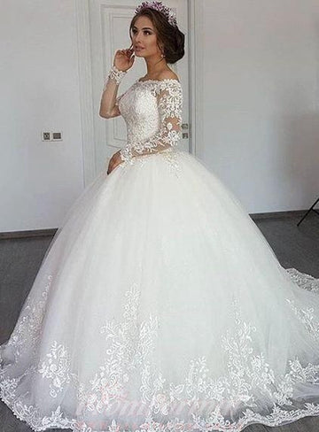 Ball Gown Off Shoulder Long Sleeve Lace Puffy Arabic Wedding Dress BWD058