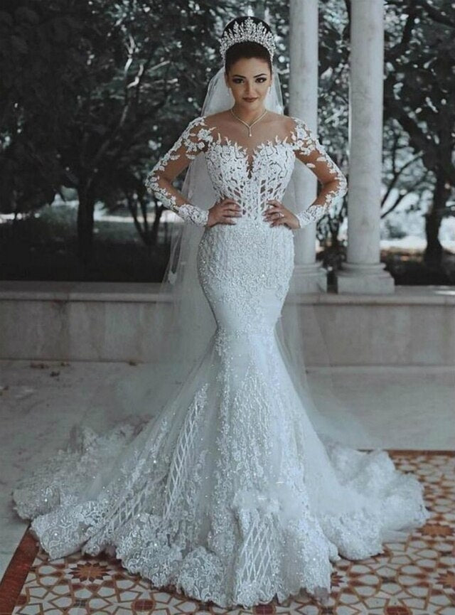 Luxury Fully Lined Long Sleeves Lace Beaded Mermaid Wedding Dress BWD063