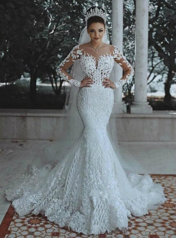 Luxury Fully Lined Long Sleeves Lace Beaded Mermaid Wedding Dress BWD063