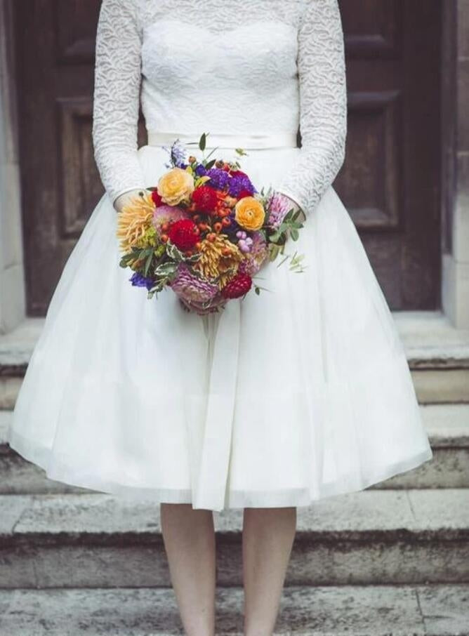 Classic Country Lace 3/4 Sleeves Tea Length Rockabilly Wedding Dress BWD073