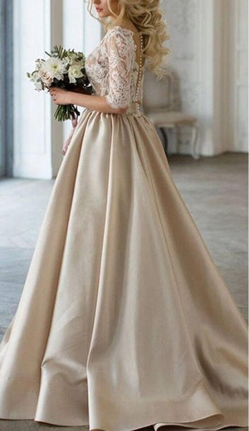 Satin V Neck Champagne Wedding Dress with Half Sleeves Lace Top BWD079