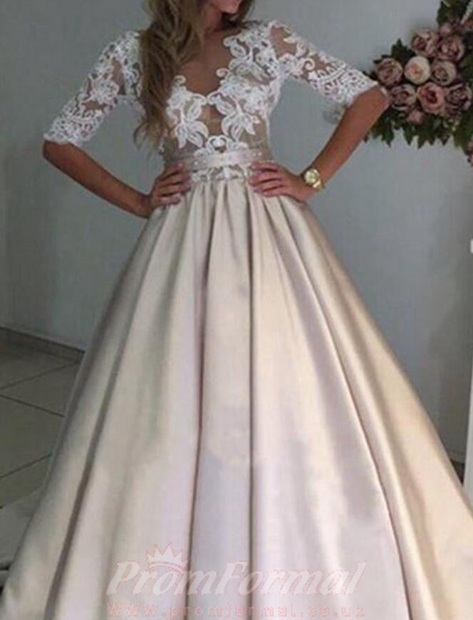 Satin V Neck Champagne Wedding Dress with Half Sleeves Lace Top BWD079