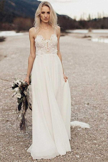 A Line Boho Beach Chiffon Flowy Spaghetti Straps Wedding Dress Liverpool BWD087