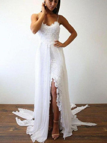Simple Boho Flowy Spaghetti Straps Wedding Dress with Side Slit BWD088