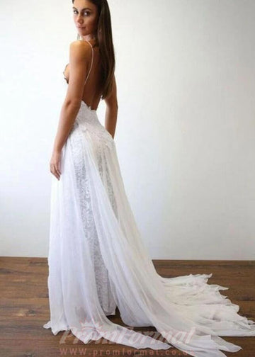 Simple Boho Flowy Spaghetti Straps Wedding Dress with Side Slit BWD088