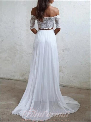 Simple White Boho Beach Two Piece Wedding Dress With Short Sleeves BWD089