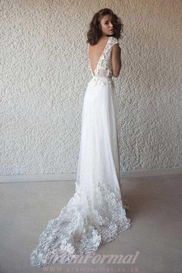White V Neck Boho Flowy 3D Lace Appliques Summer Beach Wedding Dress BWD092
