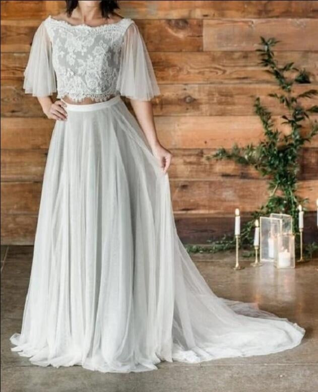A Line Half Sleeve Boho Rustic Crop Top Two Piece Wedding Dress BWD093