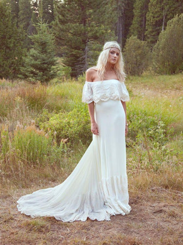 A Line Boho Off Shoulder Bohemian Wedding Dress for Nature Wedding BWD094