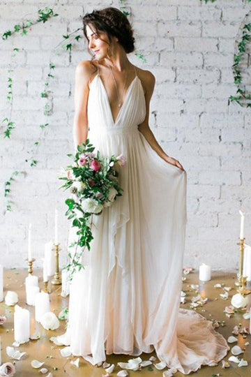 Simple Straps Sexy A Line Beach V Neck Boho Flowy Wedding Dress BWD095