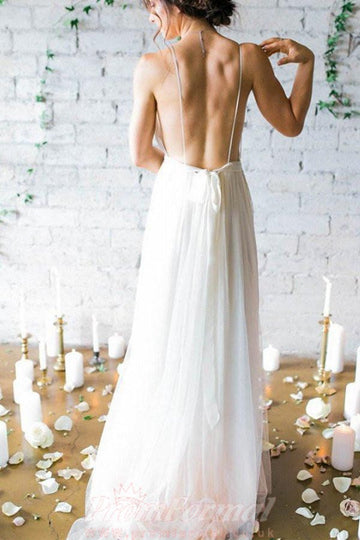 Simple Straps Sexy A Line Beach V Neck Boho Flowy Wedding Dress BWD095