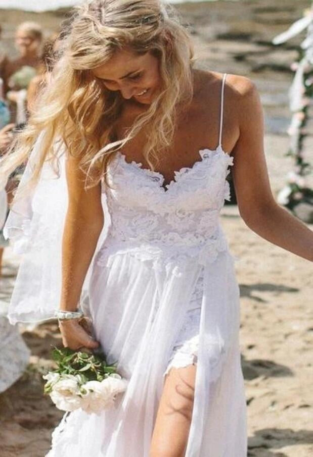 Simple Spaghetti Straps Lace Side Slit Wedding Dresses For Beach Wedding BWD096
