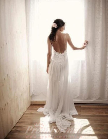 Simple Spaghetti Straps Lace Side Slit Wedding Dresses For Beach Wedding BWD096