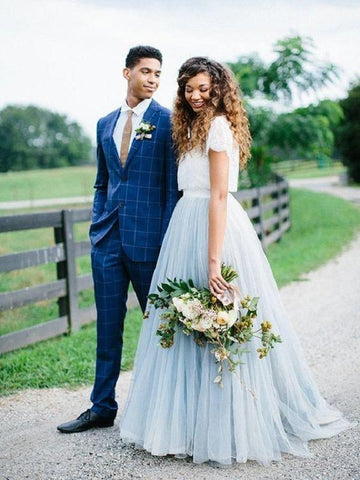 Short Sleeve Casual Country Lace Two Piece Wedding Dress with Light Bl