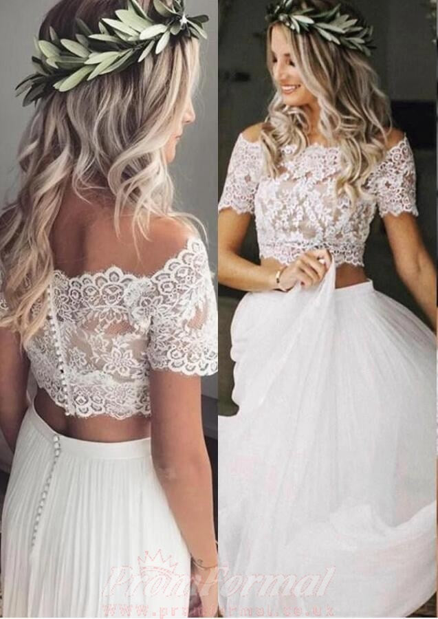 Simple Short Sleeve Beach Flowy Short Sleeve Lace Crop Top 2 Piece Wedding Dress BWD105
