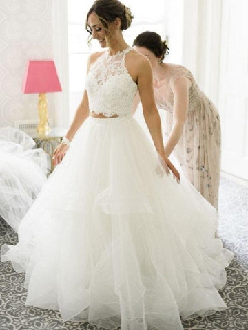Ivory Halter Lace Crop Top Two Piece Wedding Dress BWD106