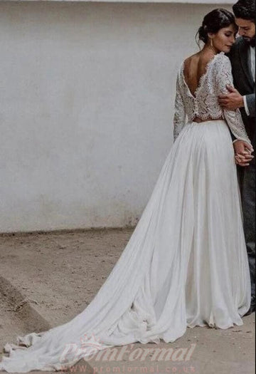 Simple A Line Beach Long Sleeve Lace Boho Two Piece Wedding Dresses BWD109