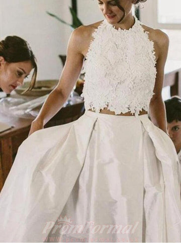 Simple Vintage Halter Lace Top Rustic Two Piece Bridal Separates Boho Wedding Dress BWD112