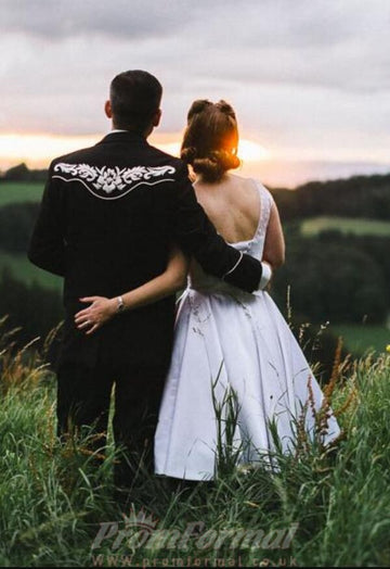 Old Lady 50s Classic Country Tea Length Rockabilly Wedding Dress BWD124