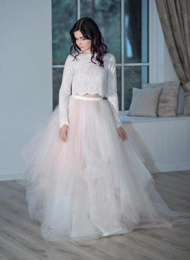 Pink Lace Princess Two Piece Long Sleeves Wedding Dress BWD126