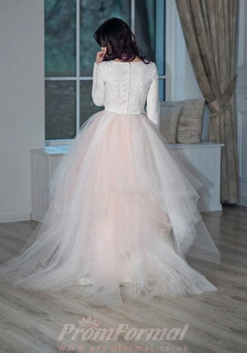 Pink Lace Princess Two Piece Long Sleeves Wedding Dress BWD126