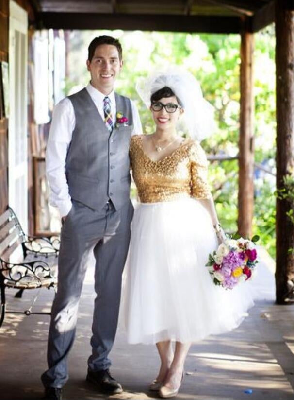 V Neck Country Gold Sequin Rockabilly Wedding Dress for Older Brides BWD130