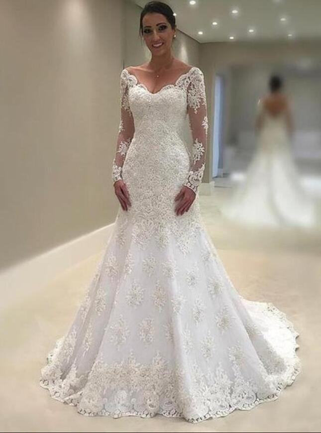 V neck Lace Mermaid Wedding Dress Long Sleeves for Civil Wedding BWD131