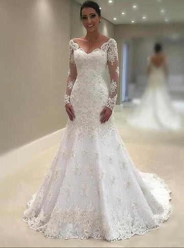 V neck Lace Mermaid Wedding Dress Long Sleeves for Civil Wedding BWD131