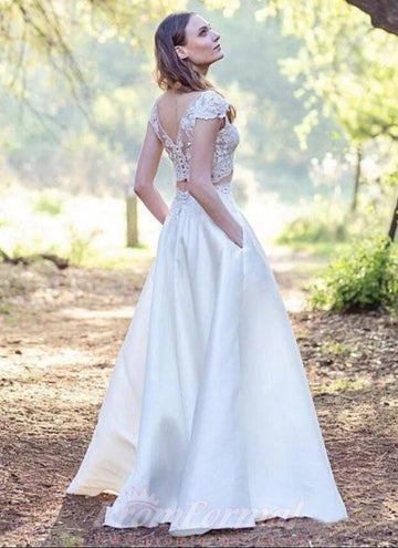 A Line Lace Cap Sleeves Two Piece Wedding Dress with Pocket for Petite Women BWD137