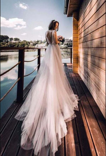 Tulle Boho Fall Wedding Dress with Long Trailing Outdoor Beach Wedding BWD147
