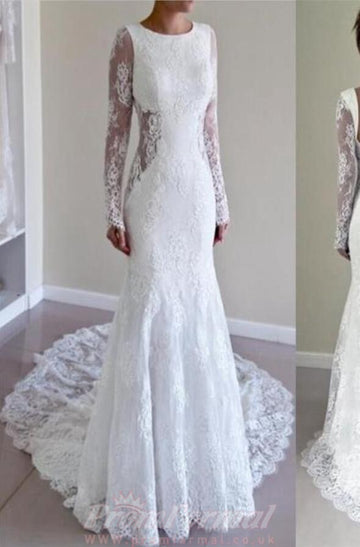 Lace Long Sleeves Mermaid Backless Bridal Wedding Dress BWD148