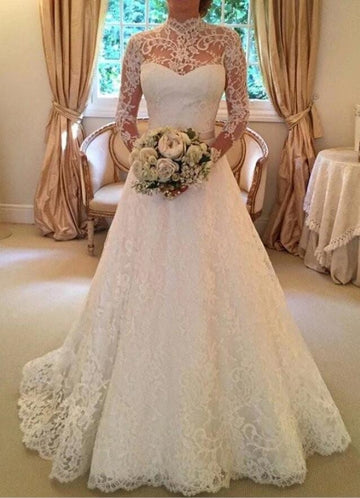 A Line High Neck Long Sleeve and Open Back Lace Wedding Dress BWD156