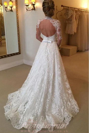A Line High Neck Long Sleeve and Open Back Lace Wedding Dress BWD156
