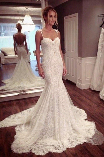 Straps Sexy Mermaid Trumpet Lace Wedding Dress Low Back BWD160