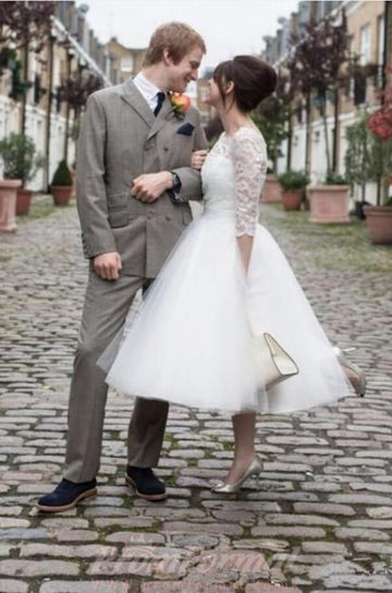 One Shoulder Lace Tea Length 50s Rockabilly Wedding Dress 2nd Marriage BWD166