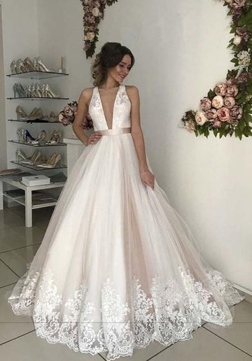 Ball Gown Plunge Deep V neck Tulle Pink Wedding Dress Lace Overlay BWD172