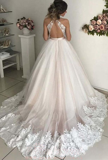 Ball Gown Plunge Deep V neck Tulle Pink Wedding Dress Lace Overlay BWD172