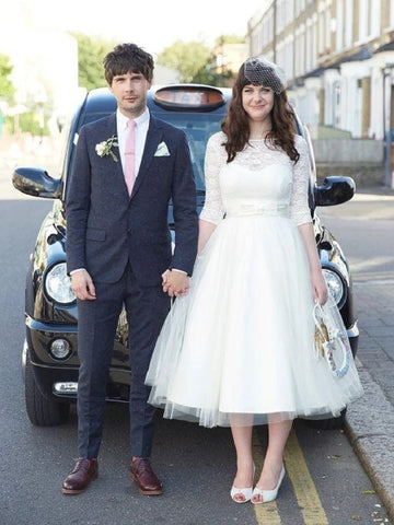 Rockabilly Half Sleeves Lace 50s Tea Length Wedding Dress BWD177