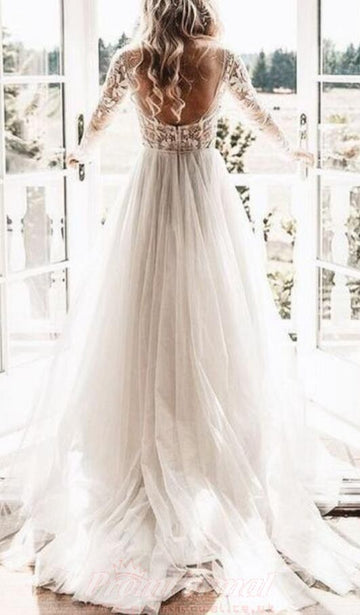 A Line Long Sleeve Lace Wedding Dress Outdoor Weddings BWD180