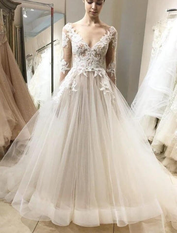 Ball Gown Long Sleeve Lace Tulle Wedding Dress BWD187